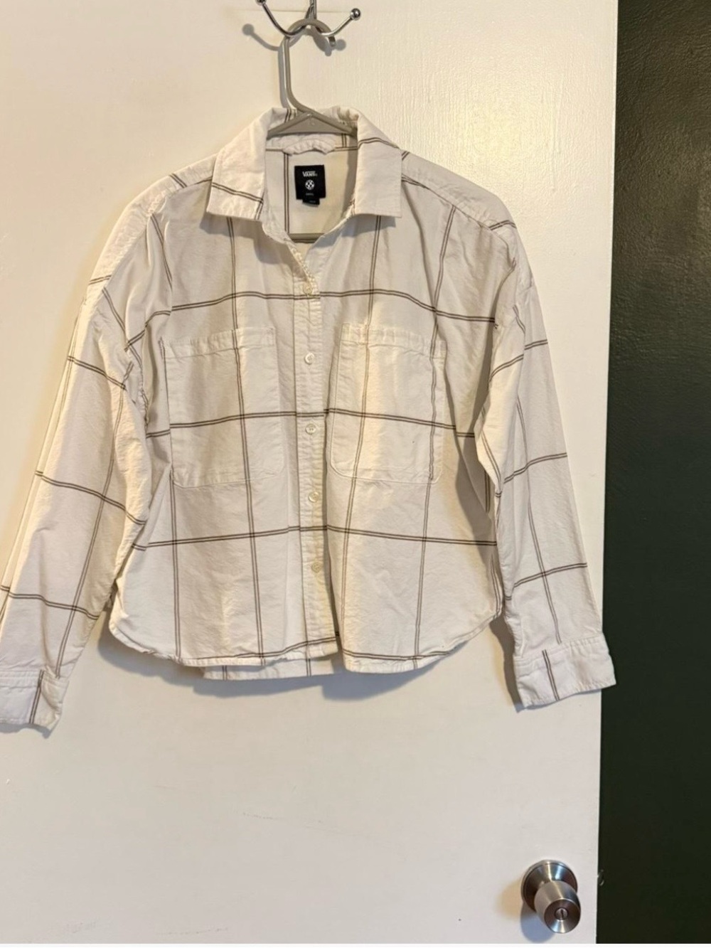 Vans white and tan windowpane plaid cropped boxy button down top size small